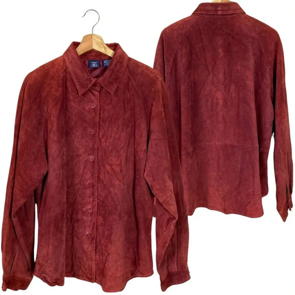 Vintage Hunt Club Women's XL Long Sleeve 100% Leather Suede Button Up Jacket Red - Picture 1 of 15